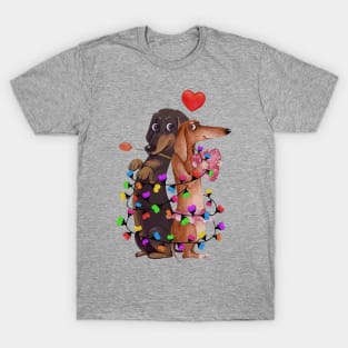 Dachshund Couple With Color Lights Happy Valentine's Day T-Shirt